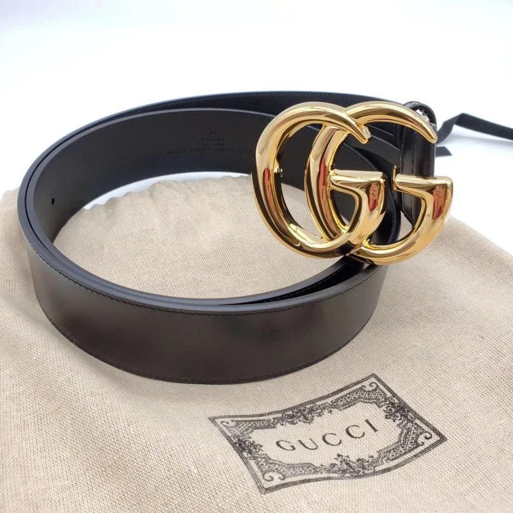 100% Authentic Gucci GG Marmont Leather Black Belt with Shiny Gold Buckle New - Picture 2 of 9